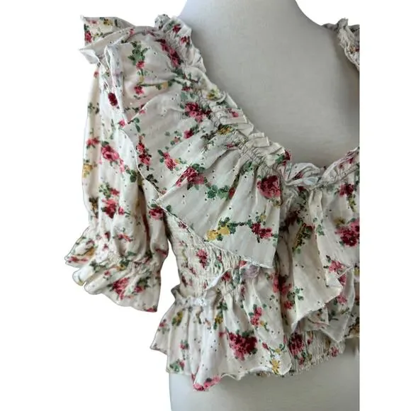 Free People Favorite Girl Top Romantic Floral Ruffle Smocked Boho Cottagecore Sm - Picture 5 of 16